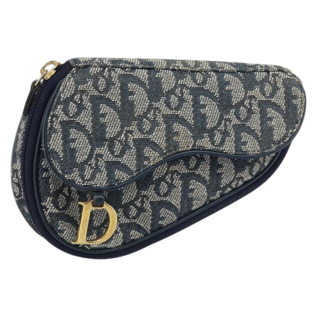 Christian Dior Trotter Canvas Saddle Pouch Navy Gold Auth 160847